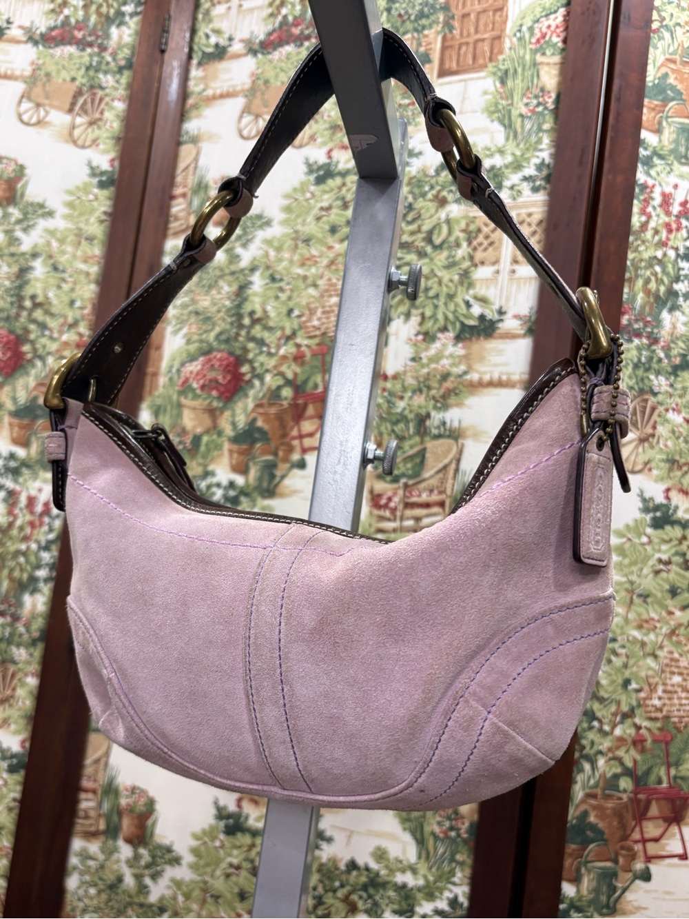 Vintage Y2K Coach Lavender Suede Mini Soho Hobo Shoulder Bag with brown leather